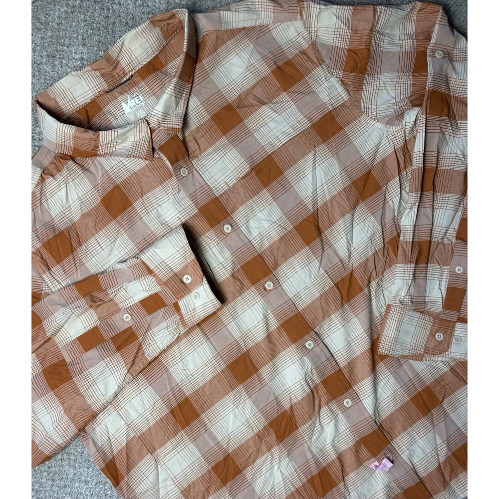 REI Co-op Shirt Men's XXL 2XL Orange Plaid Performance Roll-Tab Hiking Vented